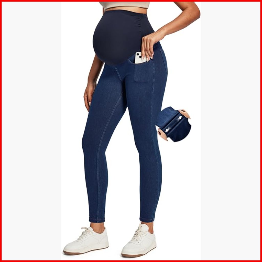 Stretchy Maternity Jeans Over Belly Skinny High Waisted Work Pants With Pockets